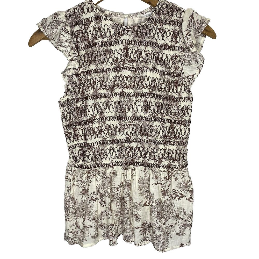 MINE Anthropologie Top Smocked Peplum Flutter Sleeve Blouse Womens S Cream Brown
